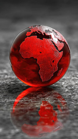 A close-up view presents a red glass globe depicting Africa on a reflective surface. The image highlights the sphere's transparency and interior details with a focused composition. The color palette emphasizes red, gray, and black, suggesting a studio setting or a controlled environment, suitable for various editorial and promotional purposes.の素材