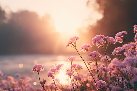 Numerous pink wildflowers with delicate petals are showcased in this image. The flowers are set against a blurry backdrop of a sunset, featuring warm colors and soft sunlight. The composition is likely suitable for editorial or commercial purposes, possibly for use in projects related to nature or beauty.の素材