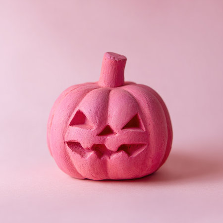 A pink pumpkin with carved facial features is presented on a seamlessly matching background. The studio-style lighting highlights the texture and form of the object. This image may be used for seasonal events, design projects, and decorative purposes. It's suitable for various commercial or editorial applications.の素材