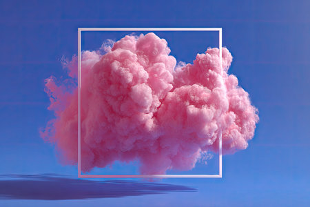 A fluffy pink cloud, framed by a white square, floats against a clear, deep blue background. The composition features soft textures, creating a visually appealing contrast. Suitable for advertising and design projects, the image can be used for various creative visual communication needs.の素材