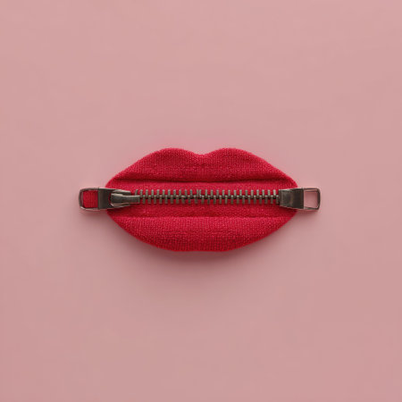 A close-up image features red lips with a silver zipper in the center, suggesting a concept of silence or restraint. The composition is simple, set against a soft pink backdrop. This visual could be used in various commercial applications, including editorial designs, and advertising materials.の素材