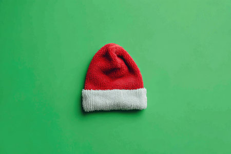 A classic red and white hat is displayed against a vibrant green backdrop. The hat's soft texture contrasts with the solid background. This overhead shot features even lighting and copy space, suitable for a range of seasonal or celebratory concepts. The image is ideal for various commercial and editorial applications.の素材