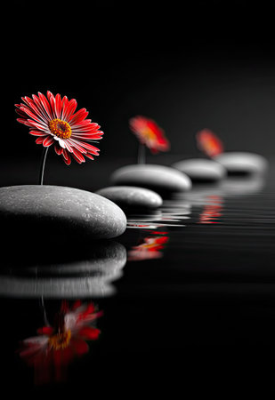 Red flowers grow from smooth stones floating in water against a dark backdrop. The image showcases a minimalist style with vibrant colors, textures, and reflections. The composition features a sense of depth and tranquility. Suitable for design projects and visual communications needing a calm, serene aesthetic.の素材