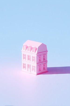 A miniature pink house stands prominently against a soft gradient backdrop. The scene uses subtle lighting to define the form. The image could be used in design or lifestyle projects, advertising, or as a visual element in educational materials.の素材