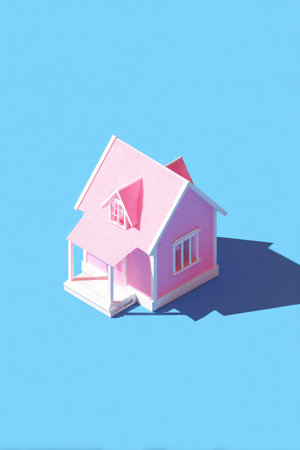 A miniature pink house casts a shadow against a vibrant blue backdrop. The image features a clean, simple style with soft lighting. Its composition is uncluttered, suggesting themes of real estate, dreams, or architectural concepts. Suitable for diverse applications in advertising and design.の素材