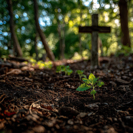 A wooden cross stands in a forest, with a small green plant in the foreground. Sunlight filters through the trees, illuminating the ground. The composition features blurred background elements, creating depth. This image could be used for editorial content or design projects related to nature or spirituality.の素材