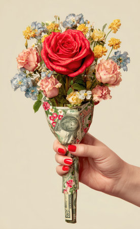 A hand with red nail polish holds a bouquet of flowers fashioned from currency. The arrangement features vibrant red roses and other colorful blooms. The image is brightly lit, showcasing detailed textures. It has a studio style with a neutral background, suitable for financial, conceptual, or design projects.の素材
