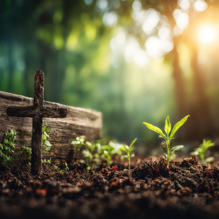 An image presents a weathered wooden cross set in rich soil alongside new plant growth. The scene uses natural lighting with a soft focus background of greenery. The composition evokes themes of faith and renewal. Suitable for illustrations and potentially for content related to spirituality or nature.の素材