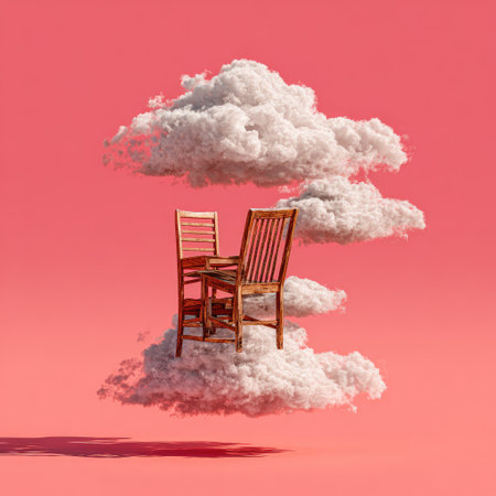 Two wooden chairs rest on a cluster of white clouds set against a bright pink background. The composition features a surreal, dreamlike quality with soft textures and diffuse lighting. This conceptual artwork may be suitable for advertising, creative projects, or visual storytelling across various media.の素材