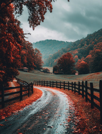An image showcases a scenic view of a road meandering through a forest. The scene is dominated by autumn colors with red and orange foliage. The composition features a wooden fence, hinting at a rural environment. The lighting suggests an overcast day, suitable for various editorial and commercial applications.の素材