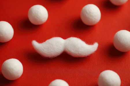 An overhead shot displays a white mustache and spherical objects arranged on a vibrant red backdrop. The objects appear soft and textured, creating a playful contrast against the solid color. The composition may be suitable for creative design projects or visual content requiring a bold, clean aesthetic. It could also find use in various commercial contexts.の素材