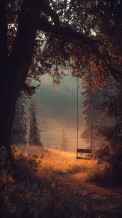 A wooden swing hangs from a tree in a sunlit forest scene. The composition features a pathway leading into the background, enveloped in mist. The lighting is soft and warm, with the sun casting a glow on the trees and pathway. Suitable for various editorial and commercial projects.の素材