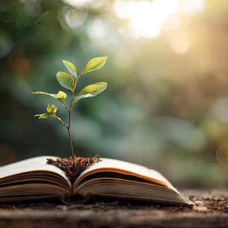 A close-up captures a young plant emerging from an open book, showcasing the concept of growth. The composition highlights the vibrant green leaves against the soft brown of the book, with blurred bokeh and warm sunlight. This visual may be suitable for educational, environmental, or conceptual applications.の素材