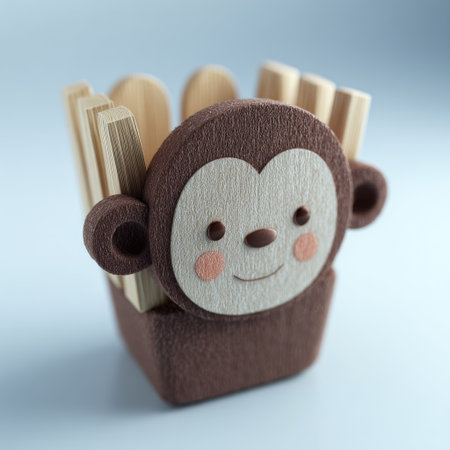 This image presents a handcrafted wooden monkey toy holding wooden fries, suggesting a playful scenario. The toy features a textured brown body, light beige face, and pink cheeks. The composition is well-lit, highlighting the details and the soft tones. Suitable for various creative projects and illustrating concepts of childhood and fun.の素材