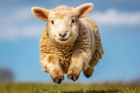 A young lamb is captured mid-air with a dynamic composition, set against a bright blue sky. The lamb's wool appears textured with warm tones, complemented by a soft, natural lighting. Suitable for various applications, this image offers a sense of freedom and joy, ideal for commercial or editorial use.の素材