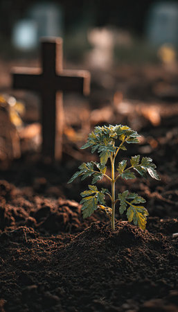 A close-up captures a small, vibrant plant emerging from dark soil, with a blurred wooden cross in the background. The scene features natural lighting and a shallow depth of field, emphasizing the plant's details. This image is suitable for themes related to growth, faith, remembrance, or illustrating articles.の素材