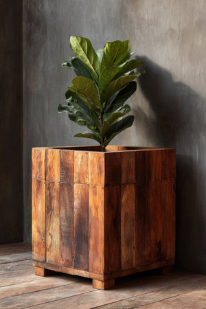 A wooden planter holds a vibrant green plant, presented against a weathered gray wall. The composition displays strong vertical lines and a natural aesthetic. The lighting creates subtle shadows enhancing the textures of the wood and wall. Ideal for commercial applications related to home decor and interior design.の素材