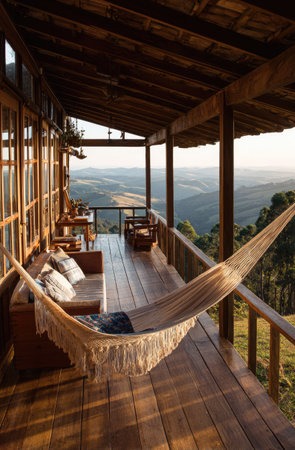 A spacious wooden porch features a hammock and comfortable seating, offering a scenic view. Natural daylight illuminates the scene, highlighting the textures of wood and fabrics. This tranquil setting provides a sense of peace and could be suitable for various commercial or editorial applications.の素材