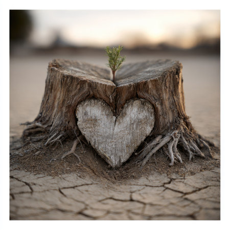 An aged tree stump prominently displays a carved heart, with new plant life emerging from its center. The image showcases natural textures and earth-tone colors. The composition is likely captured outdoors, possibly in a dry or arid environment, conveying themes of resilience. Suitable for illustrative, educational, and design applications.の素材
