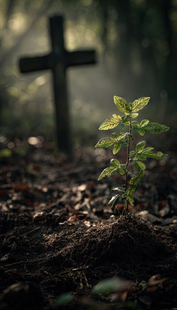 A close-up view presents a young plant thriving near a blurred wooden cross, set in an outdoor, possibly wooded environment. The image features natural earth tones with green foliage. The composition and lighting create a solemn, moody ambiance, suitable for illustrating themes of growth and remembrance.の素材