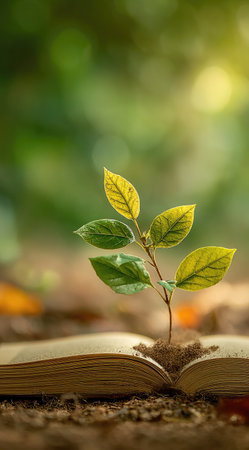 A vibrant image depicts a young plant emerging from an open book. The scene showcases green and yellow leaves against a blurred green backdrop. The composition features a natural aesthetic with soft lighting, suitable for themes related to education and growth, and adaptable for various commercial applications.の素材
