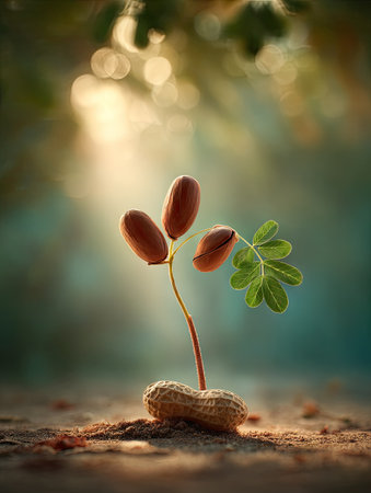 A close-up captures a peanut plant sprouting from its shell, displaying fresh growth. Warm sunlight illuminates the scene, highlighting the green leaves and brown stem. The image uses a shallow depth of field, set against a blurred background, suggesting an outdoor environment. Suitable for illustrations related to nature, agriculture, or growth.の素材