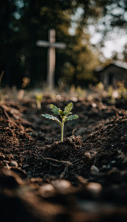 A close-up view presents a small plant sprouting from dark soil, showcasing details of its leaves. The composition employs a shallow depth of field. A wooden cross stands in the softly blurred background, suggesting a potential outdoor environment and an atmosphere of serenity. Suitable for illustrations related to growth or spirituality.の素材