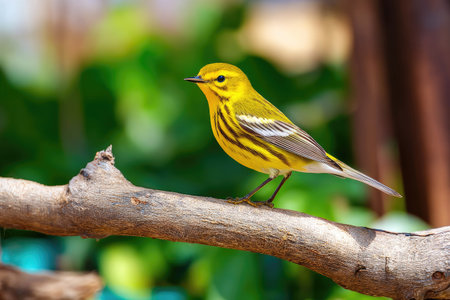 A small yellow bird with black stripes is perched on a wooden branch. The bird has a slender body, detailed feathers, and a sharp beak. The background features blurred green foliage, providing a natural setting. The image could be used for wildlife publications or nature-themed commercial projects.の素材