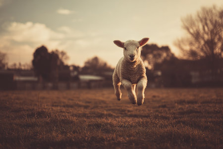 A young lamb is captured mid-air as it runs across a field. The image showcases warm, natural colors with a soft focus. The composition emphasizes the animal against a blurred background under a sunny sky, potentially suitable for various commercial or editorial applications.の素材