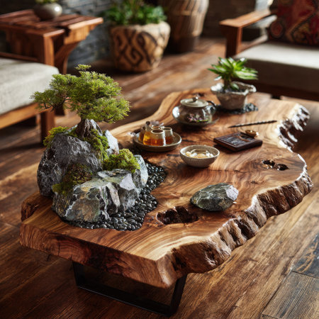 A close-up view displays a crafted wooden table, presenting an artistic bonsai arrangement alongside a traditional tea set. The warm tones of the wood complement the greenery and ceramic objects, enhanced by natural lighting. Ideal for decorative projects and uses related to relaxation.の素材
