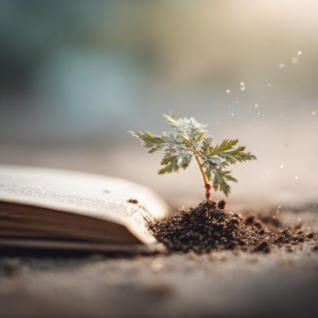 A close-up image showcases a young plant emerging from a small mound of soil placed upon an open book. The composition features a natural aesthetic with soft lighting and a blurred background. This visual could be used for themes related to education, growth, or environmental concepts, suitable for editorial and commercial applications.の素材