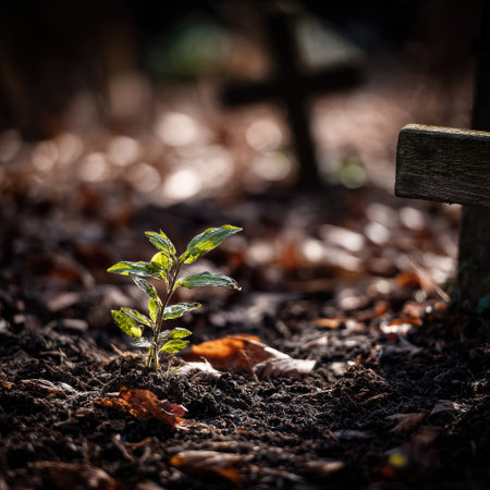 A close-up view displays a small, vibrant plant sprouting near a wooden cross. The composition uses a shallow depth of field, highlighting the plant and blurred background. Warm tones from sunlight illuminate the scene, suggesting an outdoor setting with scattered leaves and soil. This image is suitable for various editorial and commercial applications.の素材