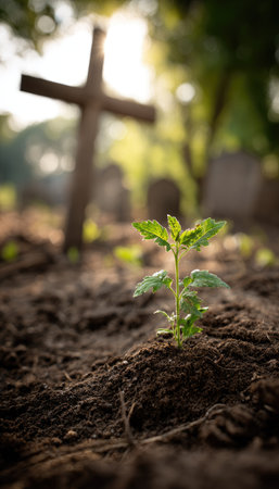 A close-up view depicts a small plant sprouting from the earth in front of a blurred wooden cross. The scene is illuminated by soft sunlight. The composition features a natural aesthetic and suggests a quiet environment. This image could be suitable for editorial or commemorative purposes.の素材
