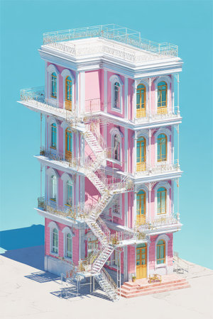 A vibrant architectural rendering depicts a pink building with multiple floors. External staircases connect the levels, adding a unique design element. The composition features a clean, bright aesthetic against a solid, light-blue background. This image is suitable for various commercial uses, including advertising and design projects.の素材