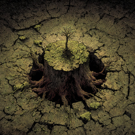 An illustration depicts a young tree emerging from a cracked and eroded earth surface. The composition features a textured, detailed rendering with shades of brown and green. This image might be suitable for representing environmental concerns, growth, or resilience, offering potential use in various editorial or commercial contexts.の素材