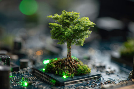 A small tree with green leaves and visible roots grows on a circuit board, a striking juxtaposition. The image showcases green, blue, and brown tones with soft lighting. The composition suggests the merging of technology and nature. Ideal for illustrating themes related to environmentalism and digital innovation.の素材