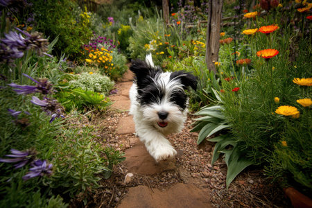 A small dog with black and white fur is captured mid-stride, moving forward on a stone path. Lush green foliage and vibrant flowers border the path. The photograph uses natural lighting to highlight the details, suitable for various editorial and commercial applications. The scene evokes a sense of joy.の素材