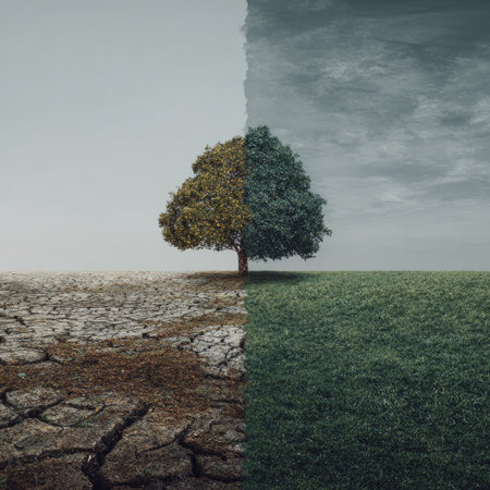A single tree is bisected by a stark visual contrast of environmental conditions. One side displays dry, cracked earth; the other presents lush green grass. The image uses muted tones, possibly taken during the day, suggesting a conceptual exploration of environmental issues. It's suitable for various commercial uses related to ecology.の素材