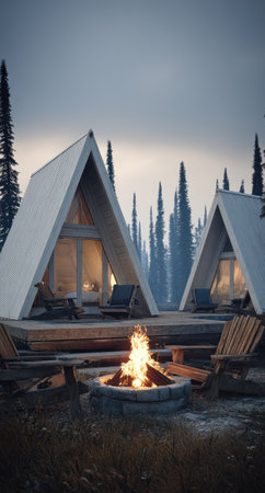 Two A-frame cabins sit amidst a forest with a campfire in the foreground. The image displays a cozy and inviting atmosphere. It features the warm glow of the fire, the architectural design of the cabins, and the natural backdrop. This photograph could be useful for illustrating themes related to travel and vacation.の素材