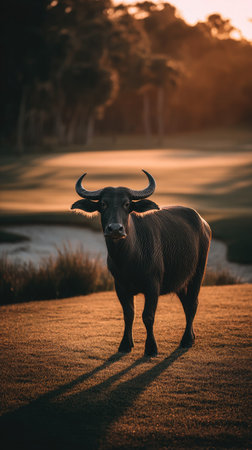 An image showcases a bull standing in a field, bathed in warm sunlight. The animal has a dark coat. The composition features a blurred background, suggesting a natural setting. The image may be suitable for illustrating themes of nature and wildlife, or for editorial content.の素材
