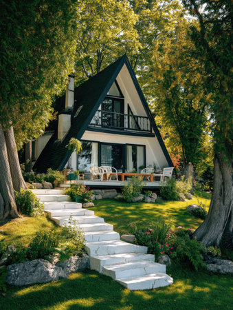 An A-frame cabin is the focal point, surrounded by vibrant green trees and foliage. A white stone staircase leads up to the cabin, and the scene is illuminated by natural light. The composition evokes a sense of tranquility and offers potential use for travel, tourism, and lifestyle content.の素材