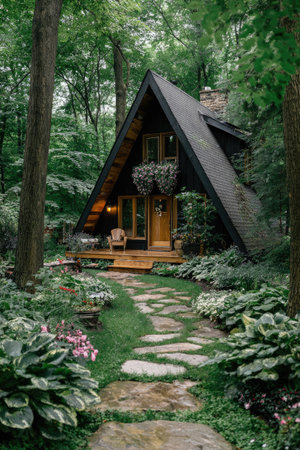 An A-frame cabin stands amidst a dense forest, featuring a dark roof and wooden facade. A stone pathway leads to the cabin's entrance, framed by surrounding foliage. The image displays natural lighting and a peaceful atmosphere, suitable for use in travel, architecture, or lifestyle content.の素材