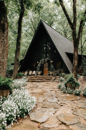 An A-frame structure with a dark roof and walls is surrounded by tall trees and verdant foliage. A stone pathway leads to the entrance of the building. The image features natural lighting, a vertical composition, and a focus on architectural detail. Suitable for uses related to real estate, travel, or design.の素材