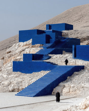 An unusual architectural installation features blue staircases ascending a light-colored hillside. The image displays a contemporary design with geometric shapes and strong lines. The scene is bathed in natural light, creating a stark contrast between the bright blue and the neutral tones of the landscape. Suitable for use in design, editorial, or commercial contexts.の素材