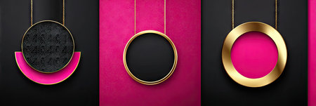 Three circular frames, suspended against a contrasting background of black and pink. The frames have golden or black interiors, with a polished, reflective appearance. The composition uses simple geometric shapes and colors, creating a modern, graphic style. Ideal for decorative or commercial purposes.の素材