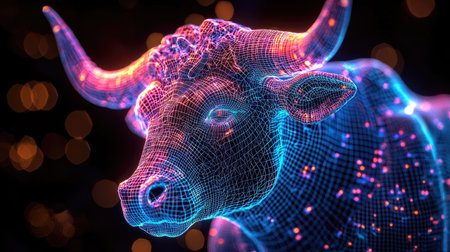 An artistic depiction presents a bull constructed from interconnected lines illuminated by radiant blue and pink hues. The image features a shallow depth of field, with soft bokeh in the background. This futuristic artwork is ideal for illustrating concepts related to technology, finance, or creative design projects.の素材