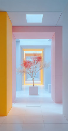 An artistic rendering presents a brightly lit corridor featuring walls of yellow, pink, and white. A central plant with red foliage sits in a white planter, adding a focal point. The composition employs a minimalist aesthetic and soft lighting, suggesting an indoor setting. This image is suitable for various commercial applications.の素材