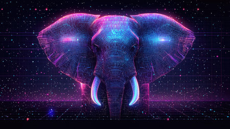 An artistic representation features an elephant head formed by interconnected glowing lines against a deep space backdrop. The digital artwork utilizes a vibrant palette of purples and blues, creating a futuristic and ethereal composition. This image is well-suited for conceptual projects, technology-themed visuals, and artistic designs for various media applications.の素材