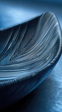 An intricately designed feather sculpture is displayed against a neutral background. The artwork features textured lines and subtle gradients, creating depth and dimension. The composition is well-lit, emphasizing the details of the form. This image is suitable for a variety of creative and editorial applications.の素材