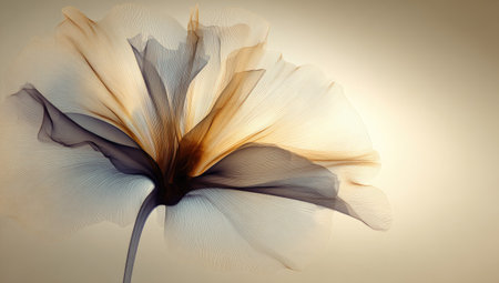 This artwork depicts a stylized flower with delicate petals and subtle color gradients. The composition features a central stem and an open blossom, showcasing textures. The style is soft, with a focus on light and shadow. Suitable for various design applications, it is ideal for editorial or decorative projects.の素材